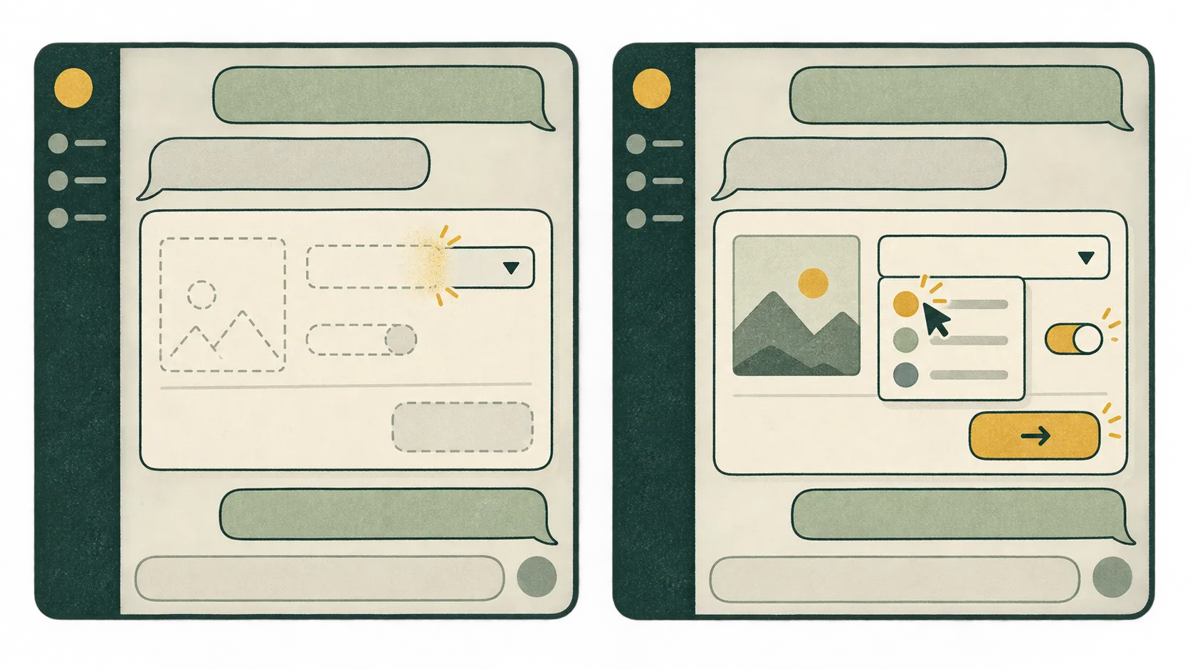 A chat workspace turns a conversational request into a working app prototype, with form controls appearing in an embedded preview.