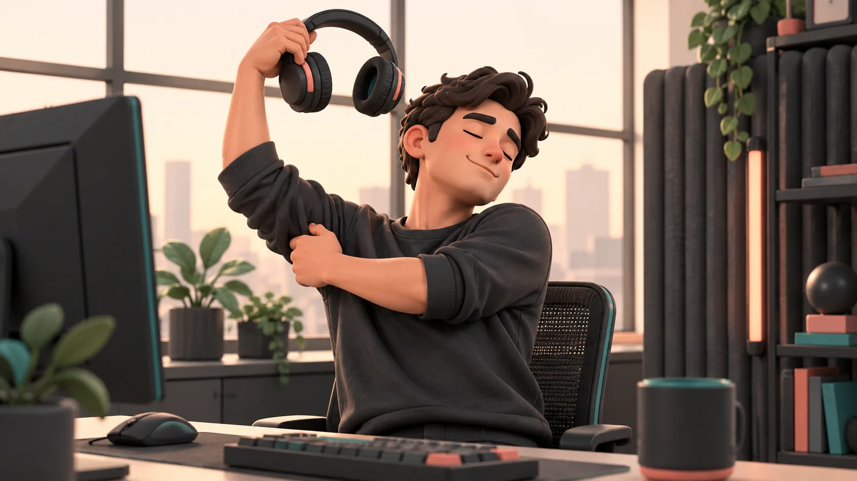 A developer removes their headphones and stretches beside a studio window, visibly relaxed after submitting a training experiment.