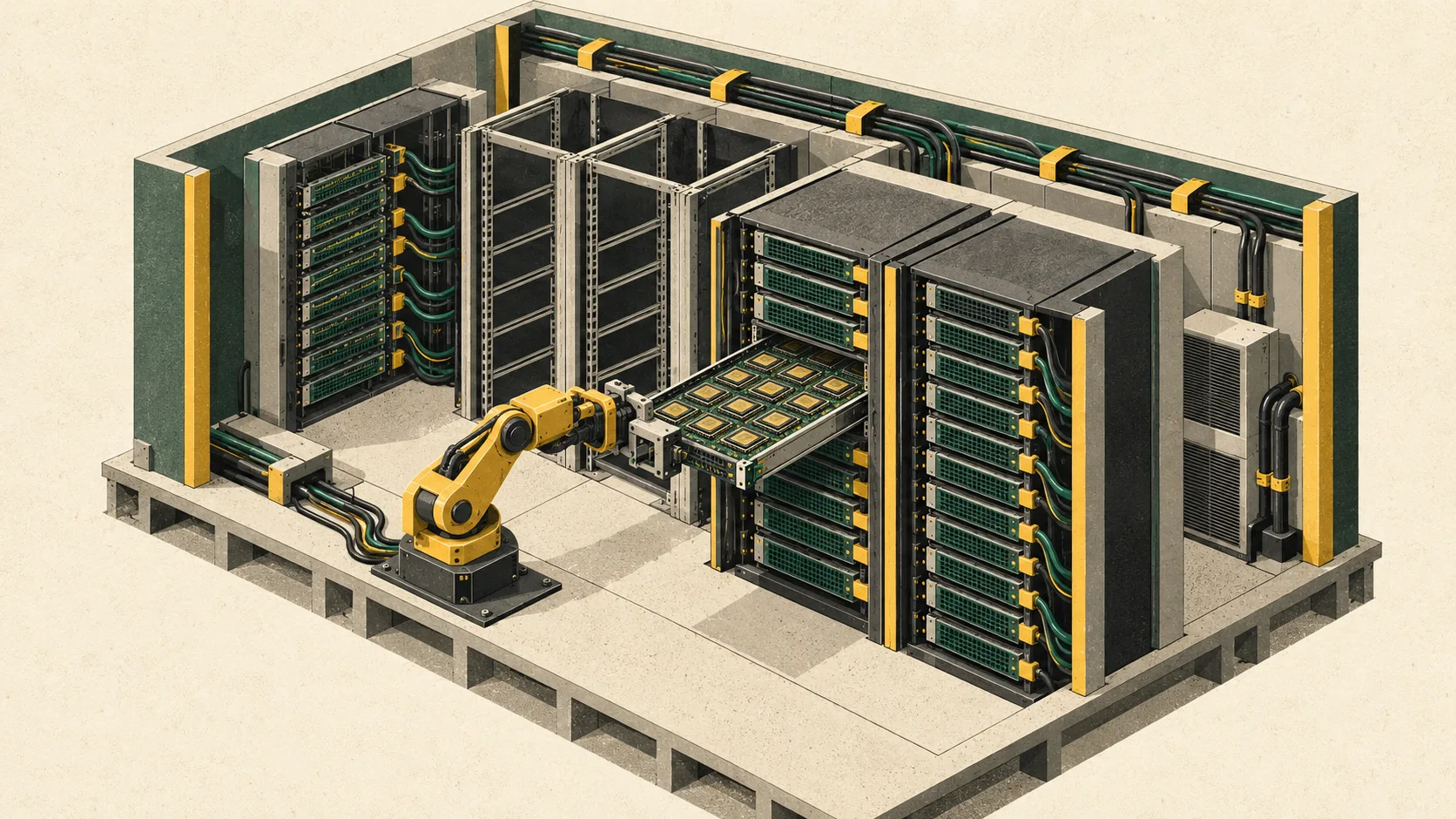 A data center module under construction contains densely packed AI chip trays, with connected racks beside empty bays awaiting installation.