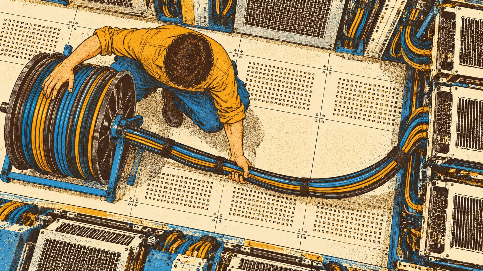 A data-center installer feeds an interconnect cable from a large reel between two separate banks of accelerator machines.
