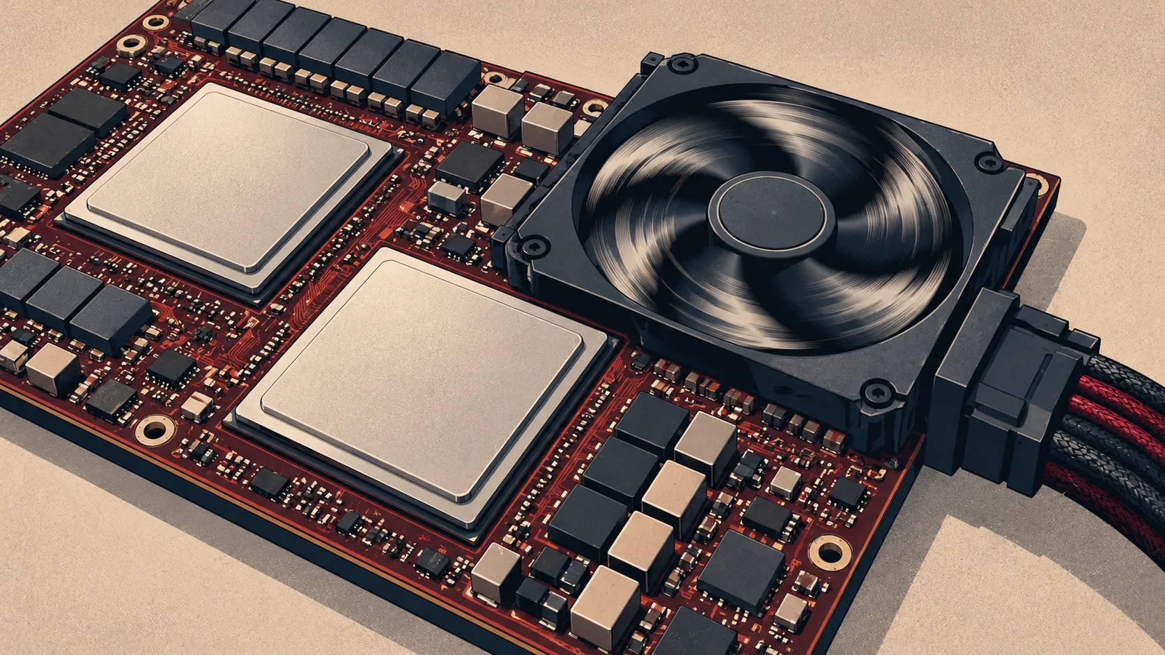 An AI accelerator board operates beneath a spinning cooling fan, with silver processor packages surrounded by dense circuitry.