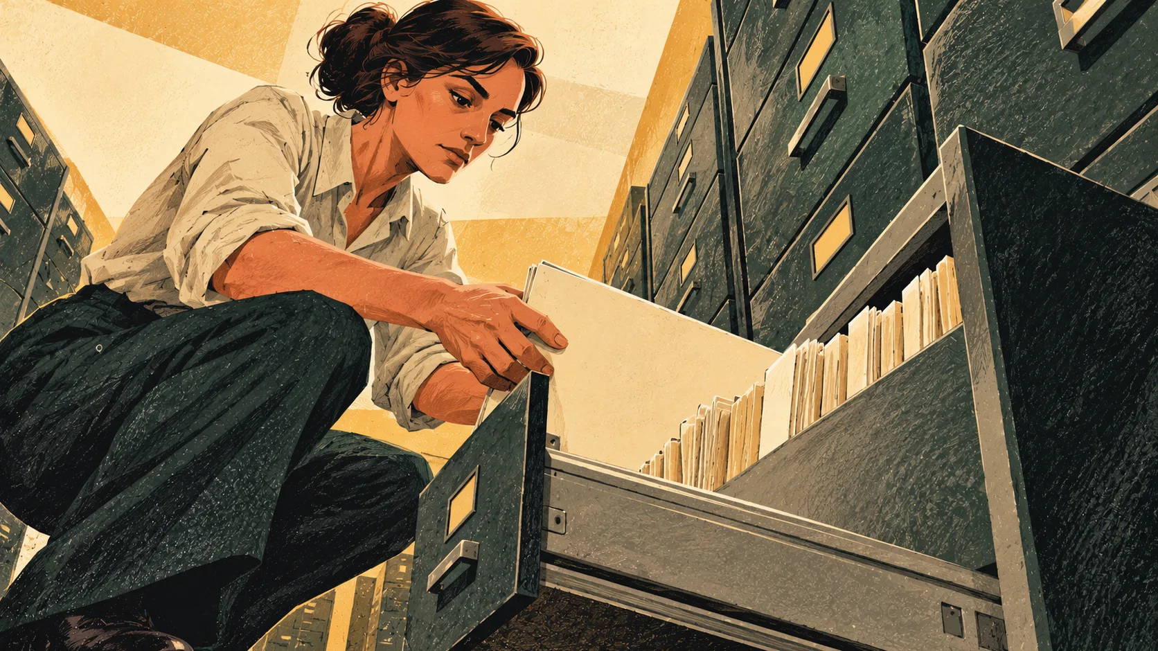 A court records clerk slides an asset-sale filing into an open drawer of bankruptcy case records.