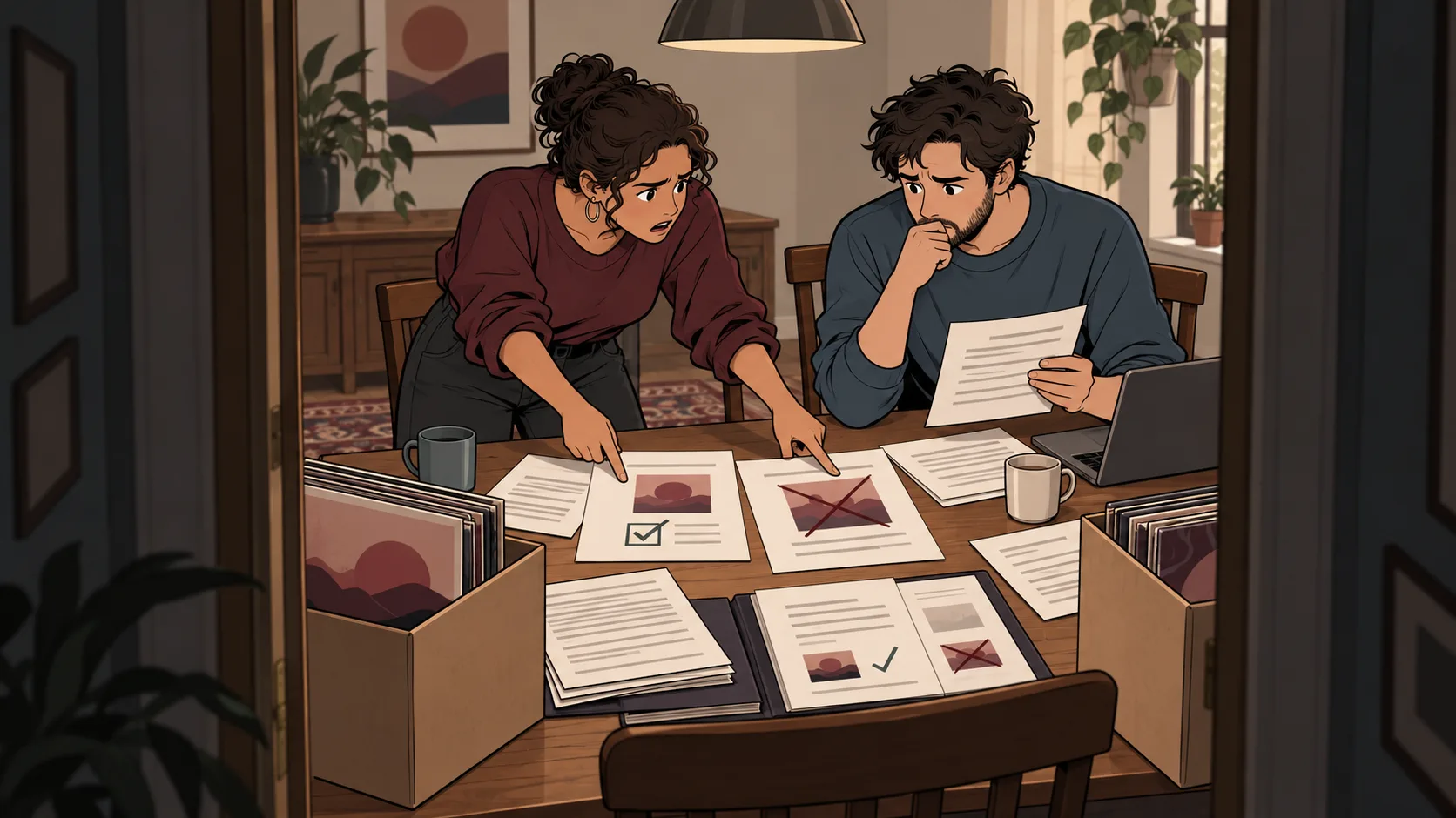 Two musicians compare licensing documents with rejected music releases, searching their correspondence for an explanation.
