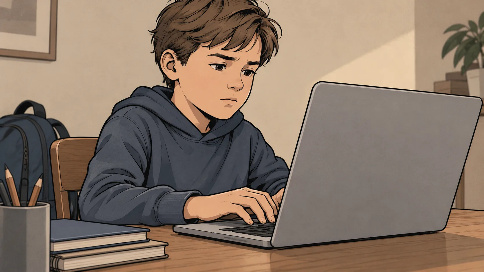 A young child types on a laptop at a home desk, illustrating allegations of underage access to an AI service.