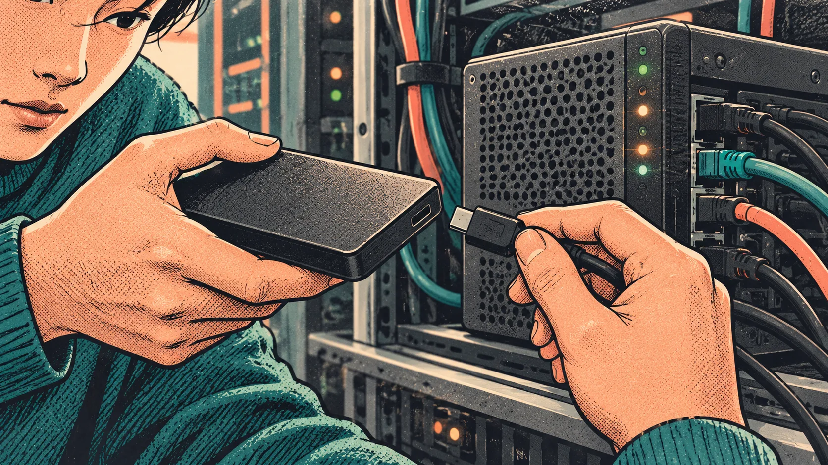 A developer disconnects an auxiliary storage drive beside a running server, pausing with a thoughtful expression.