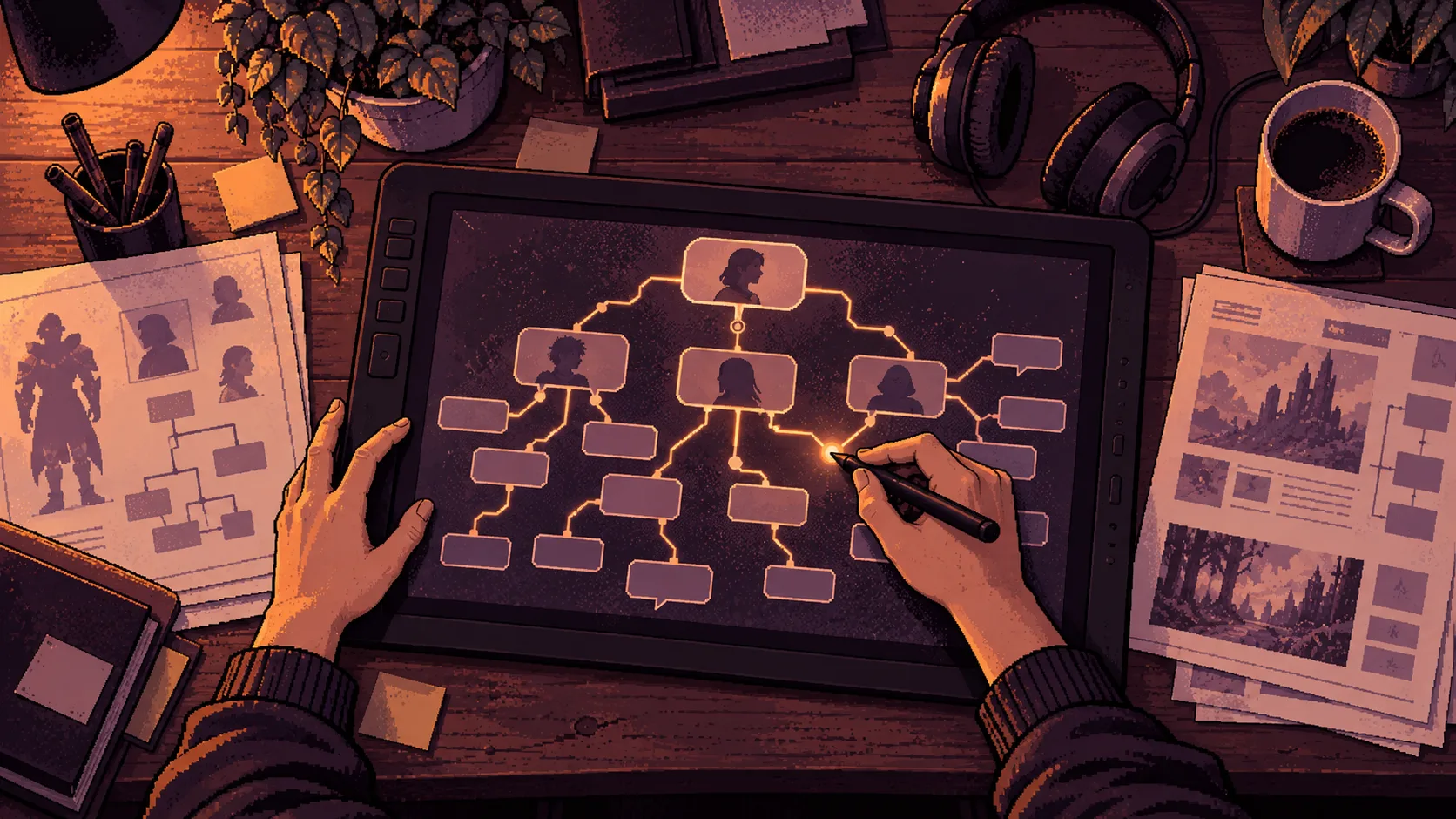 Hands of a developer using a stylus on a tablet screen showing an expanding tree of character dialogue speech bubbles on a wooden desk.