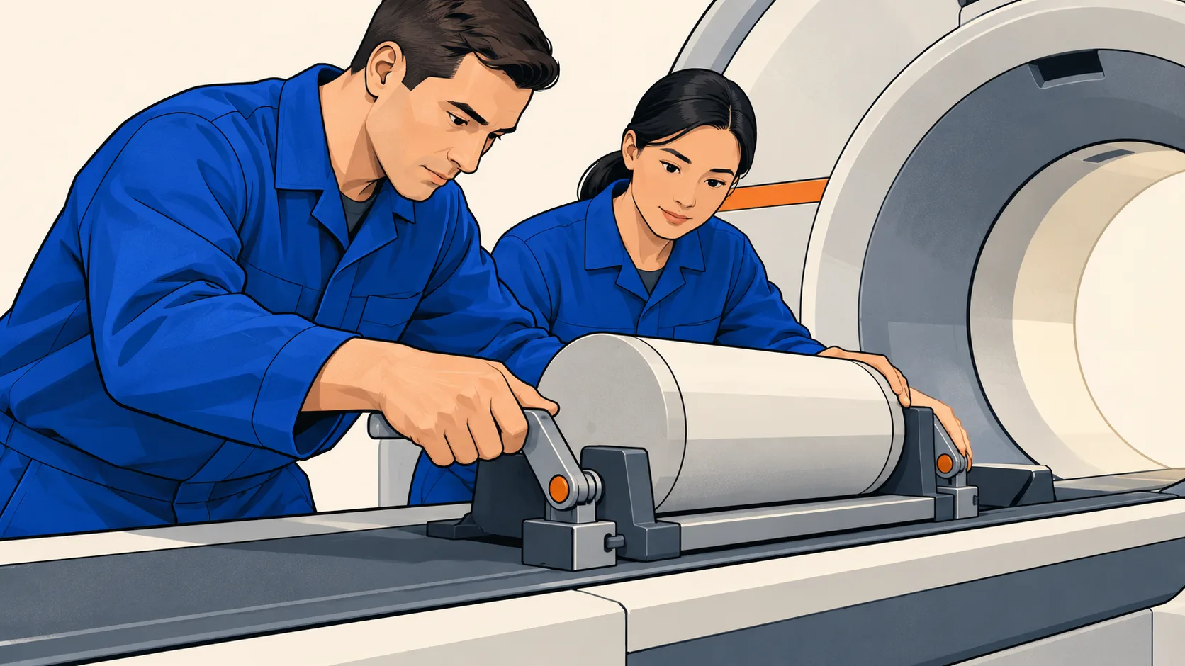 Two quality engineers jointly position a calibration phantom inside a medical scanner during a shared equipment inspection.