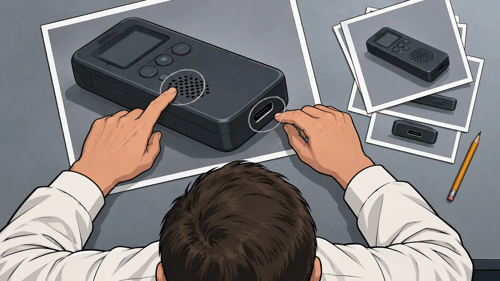 A security researcher leans over enlarged photographs of a recording device, examining its microphone and data connection.