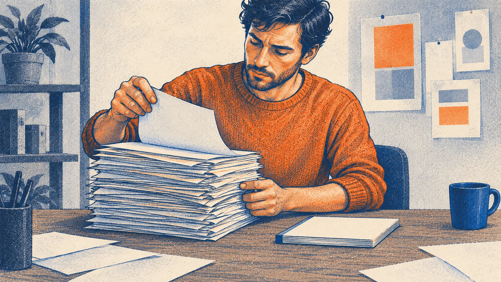 A developer reviews a thick bundle of exploratory drafts beside a much slimmer packet prepared for release.