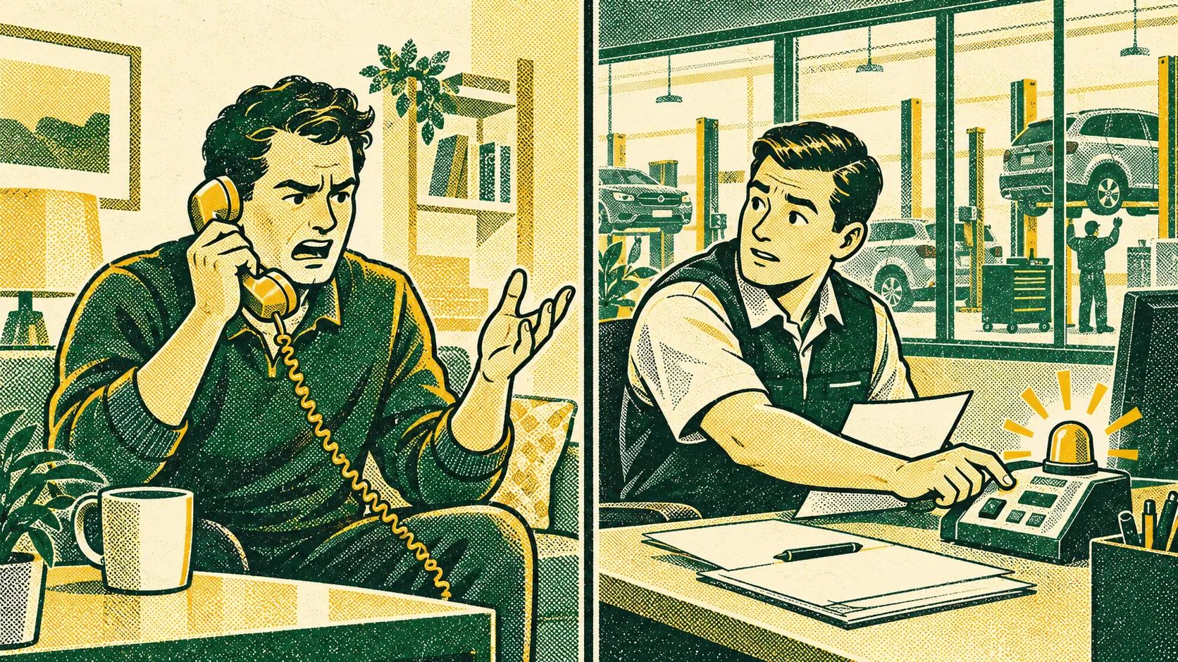 An irritated customer speaks on a call while an automated call system alerts a dealership manager.