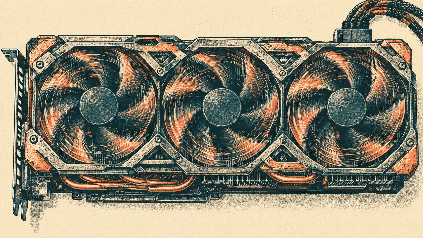 A single GPU accelerator runs under load, its cooling fans spinning above a dense metal heatsink.