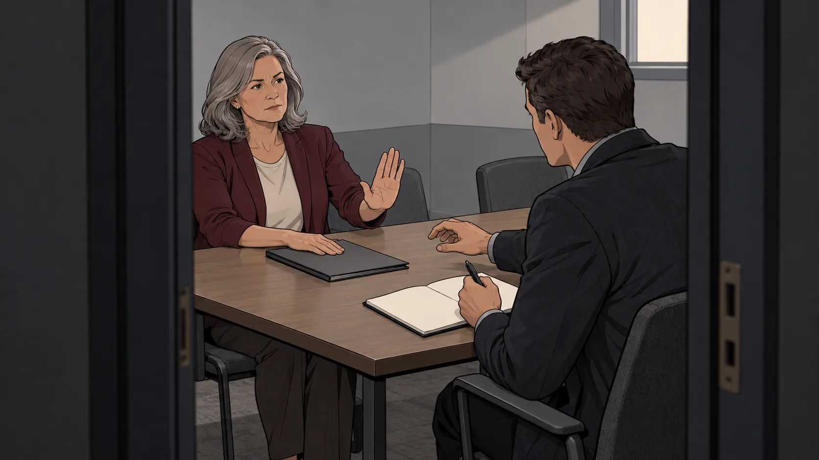 An employee refuses to open a conversation file as an investigator pauses over an empty notebook.