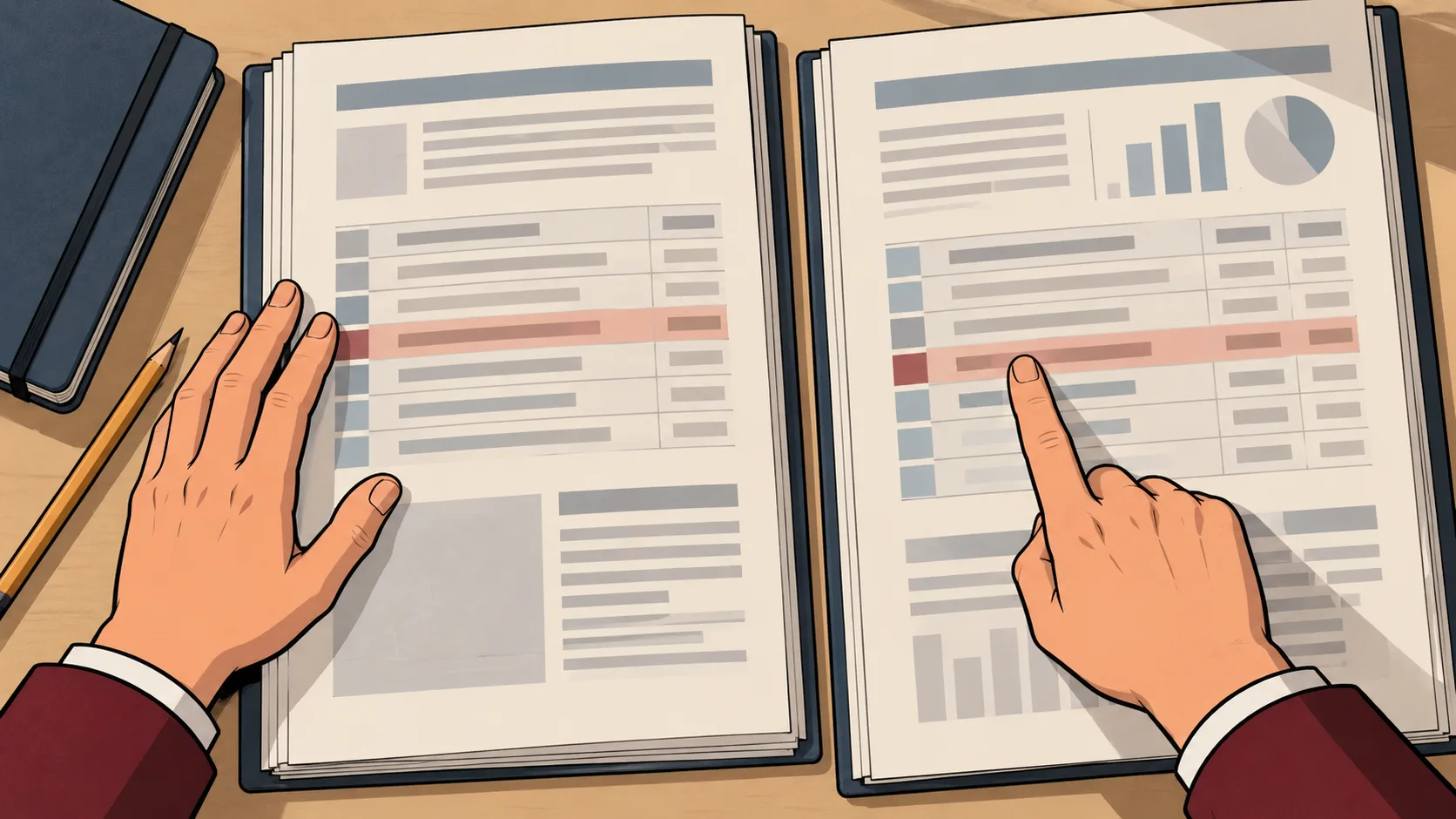 A researcher compares recorded human instructions with an AI system’s execution records, pointing out corresponding entries.