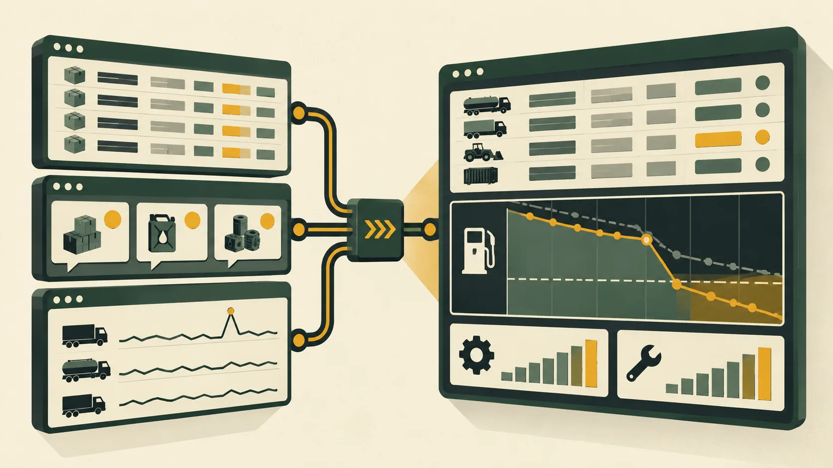 Logistics software combines inventory records, supply requests and sensor readings into a dashboard that flags a predicted fuel shortage after consumption rises.