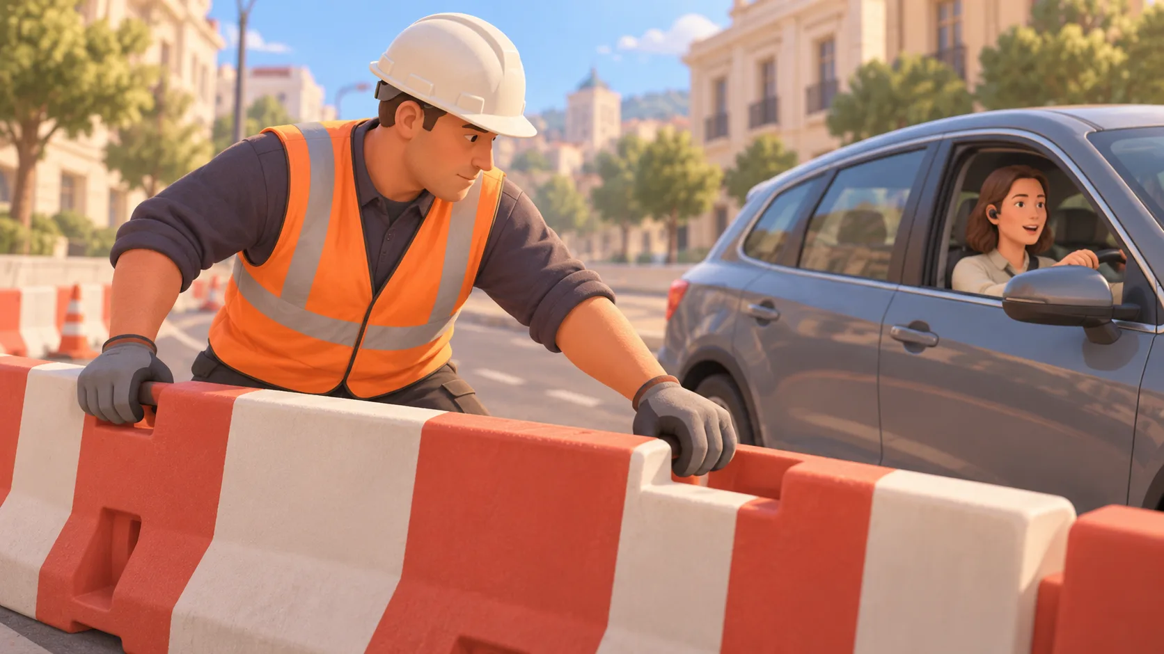 A road worker positions a barrier across a lane while a passing motorist speaks with both hands on the wheel.