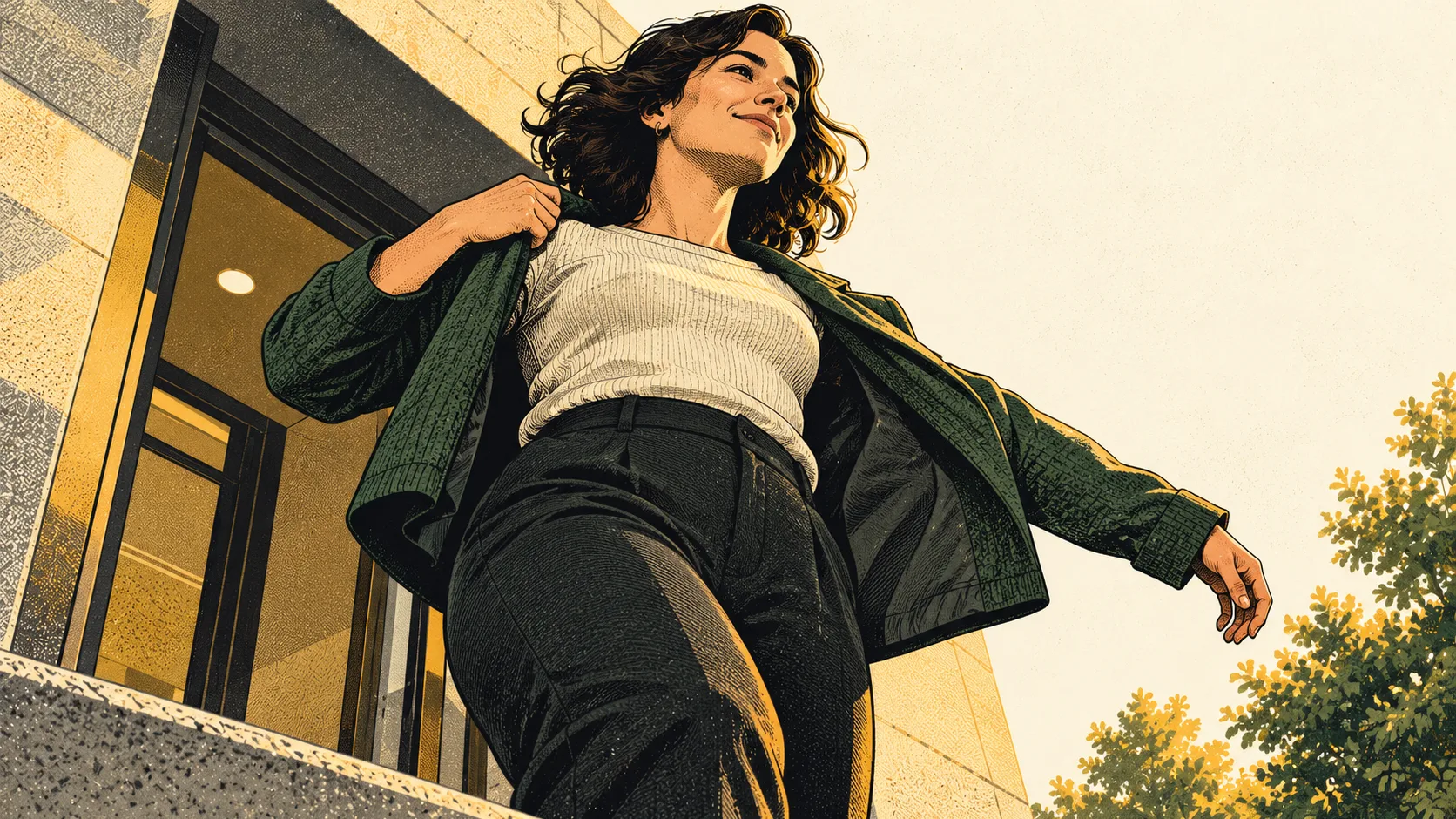 A software team lead pulls on her jacket while stepping out of a workplace into daylight, her shoulders relaxed.