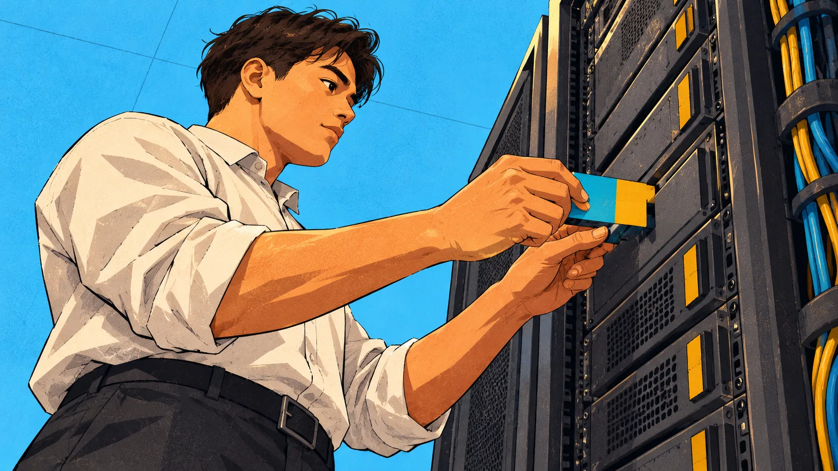 An enterprise administrator slides a policy card into a modular rack slot inside a server cabinet.