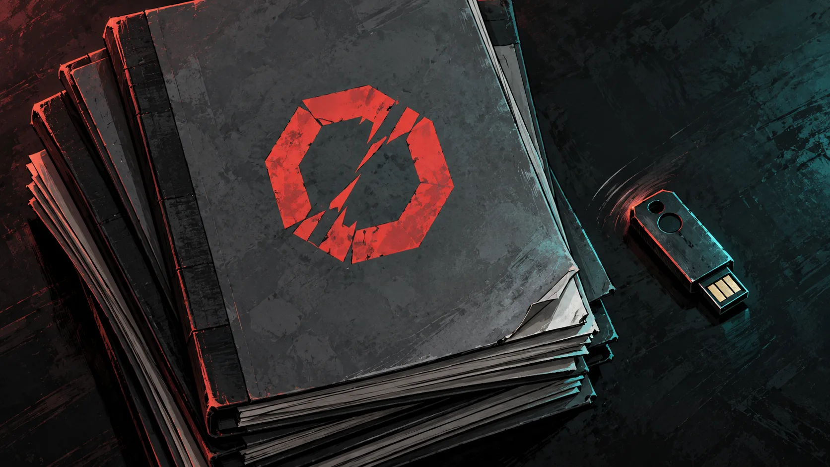 A top-down view of bound security report dossiers on a dark table, featuring a bold red failure seal on the top cover.