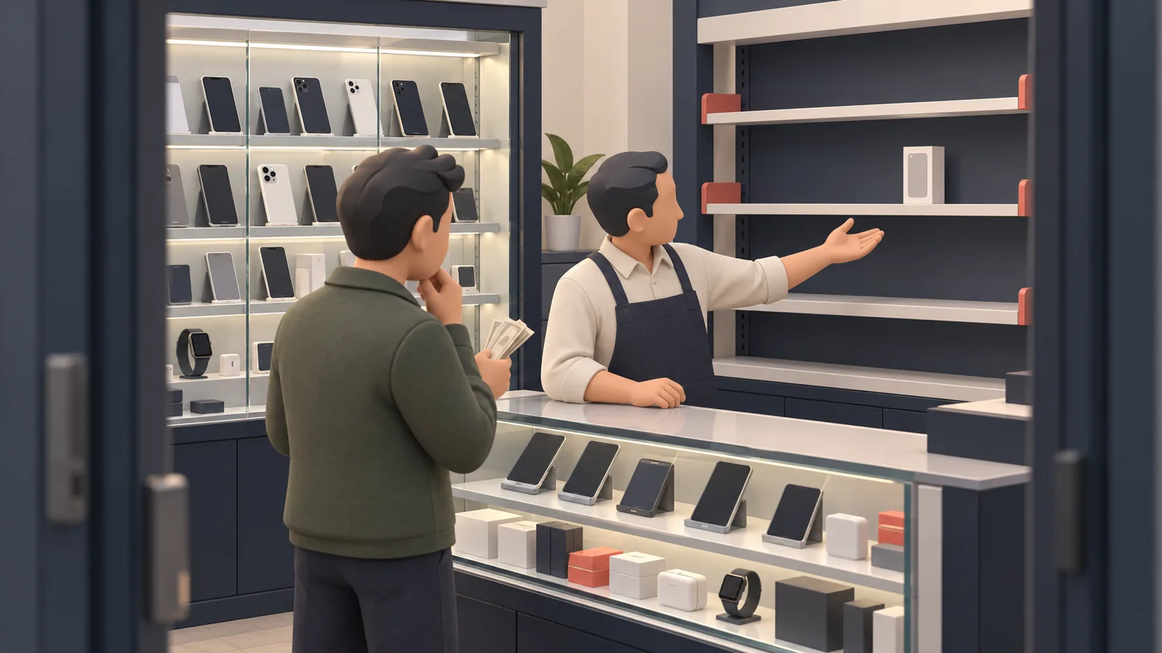 A shopkeeper shows a customer an almost empty budget handset shelf while premium devices remain stocked in a separate cabinet.