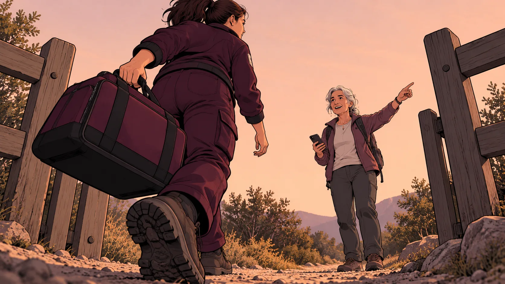An emergency responder carrying a medical bag reaches a walker who is holding a phone and raising an arm to identify themselves.