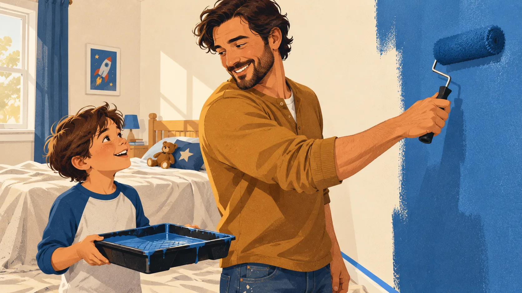 A parent paints a bedroom wall while his son offers a roller tray beside a covered bed.