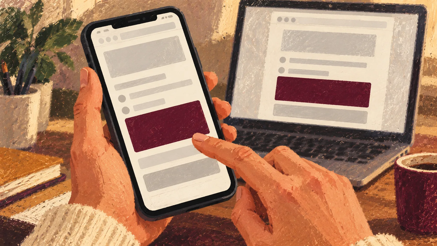A person shares a phone display with a computer while a privacy mask conceals sensitive payment information.