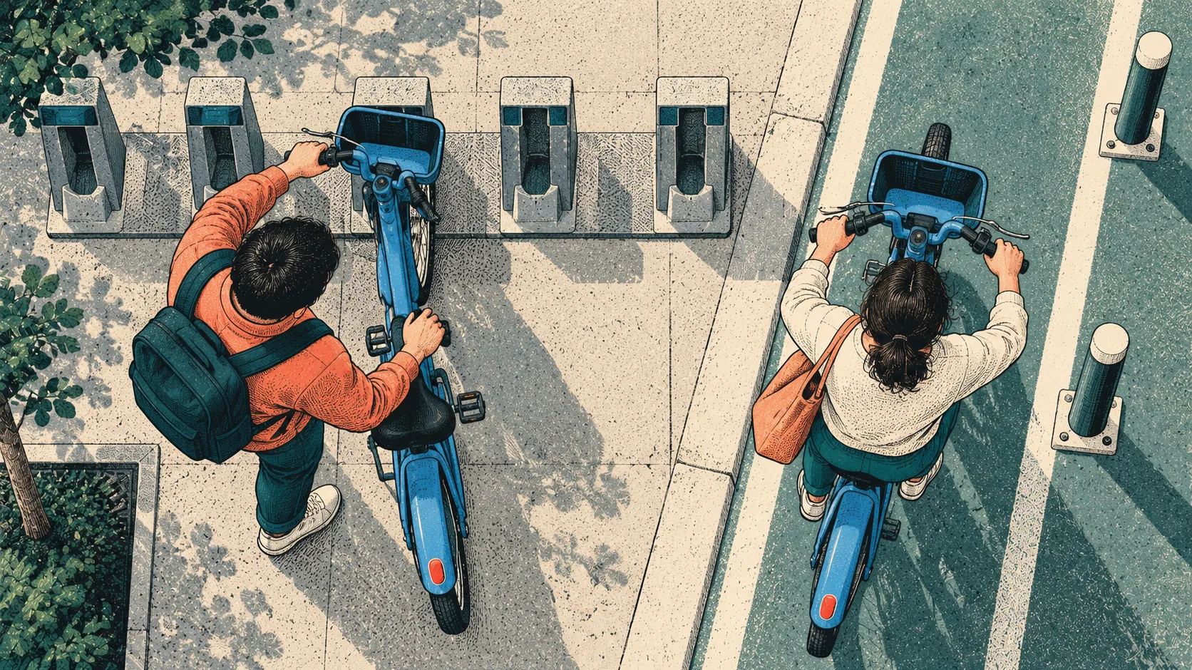 Two riders take shared bicycles from a docking station, one beginning to pedal while the other pulls a bicycle free.