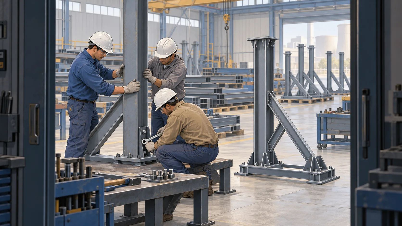 Construction workers assemble steel support frames in a fabrication workshop for planned power plant upgrades.