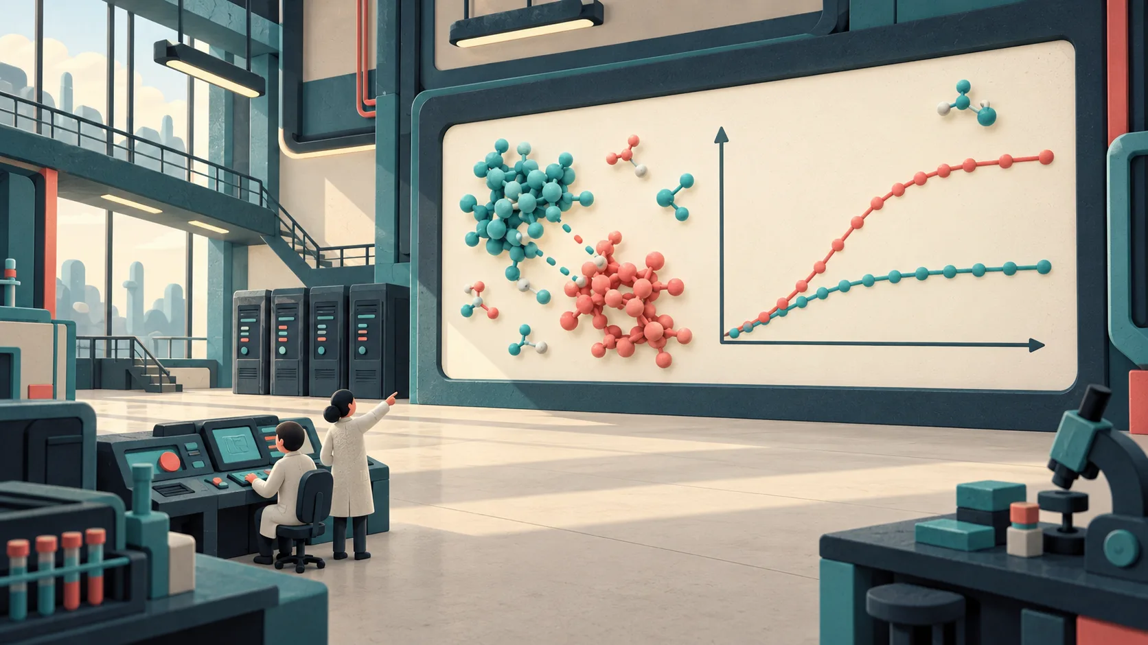 Researchers run a digital biology experiment, comparing simulated molecular responses projected across a laboratory wall.