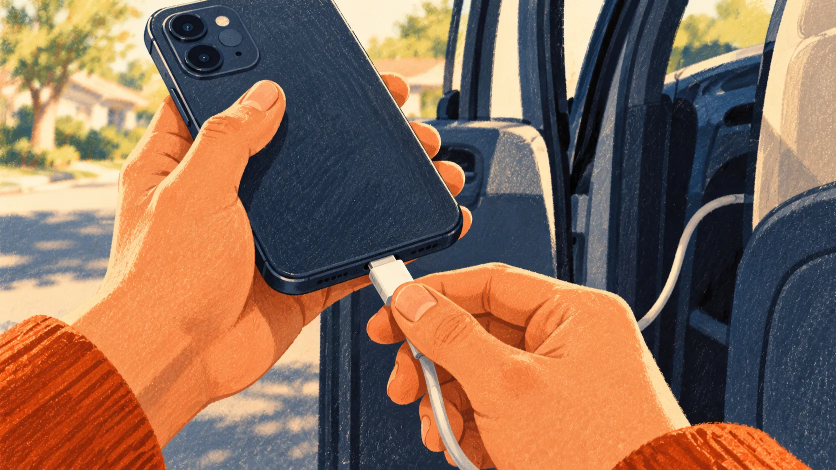 A car owner connects a phone to a cable extending through the open door of a parked vehicle.
