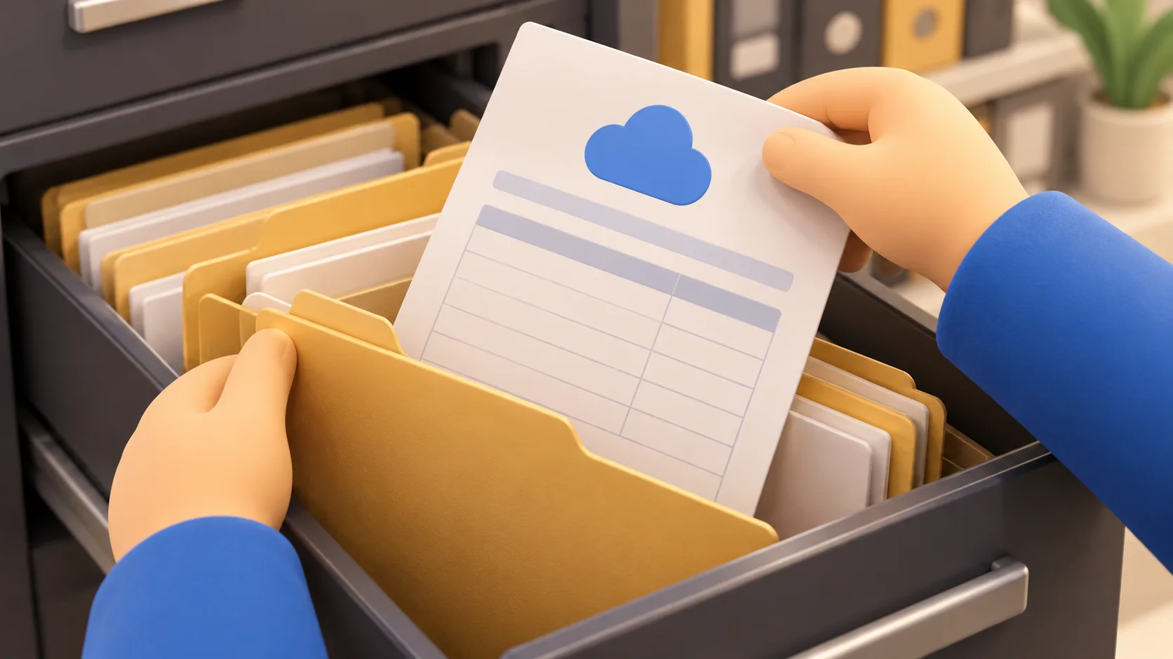 An accounts administrator files one consolidated invoice in an open folder for existing cloud spending commitments.