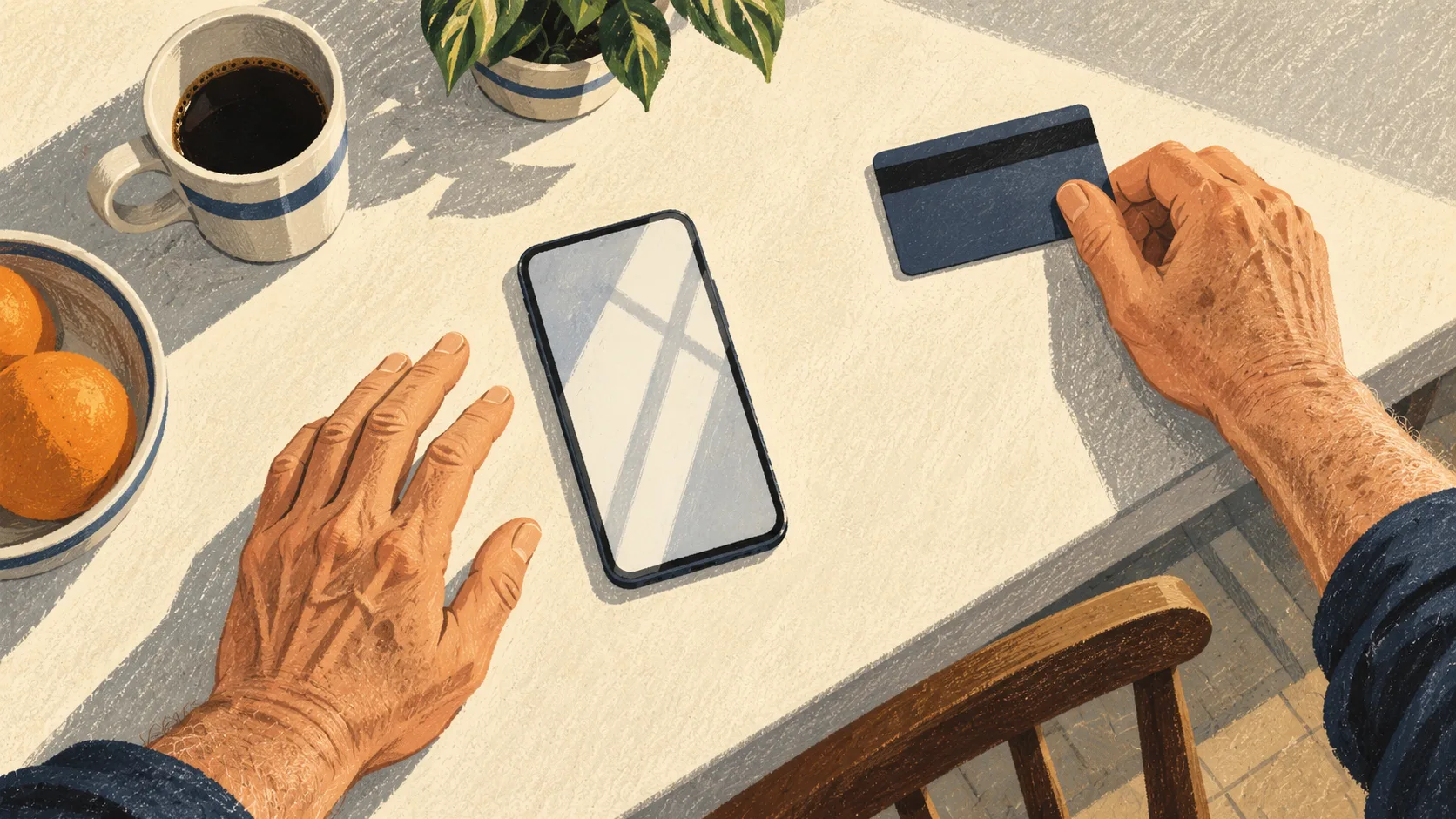 A man sets his bank card aside and withdraws his hand from a phone, pausing before sharing financial information.