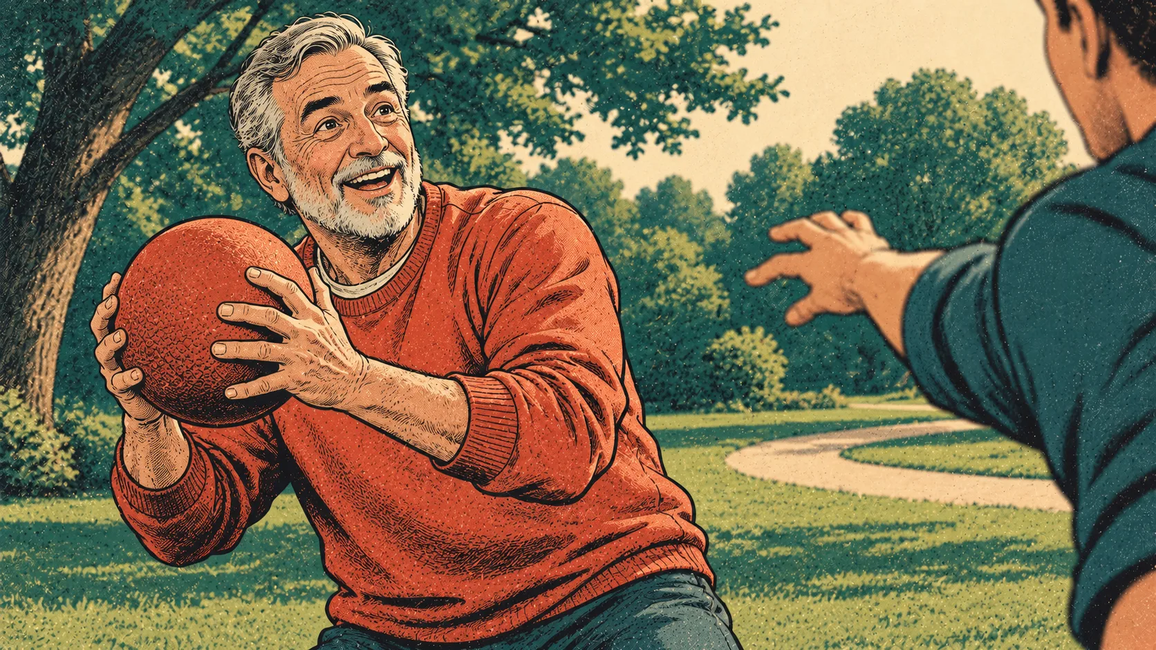 A character catches a ball while speaking to the person who threw it in a generated park.