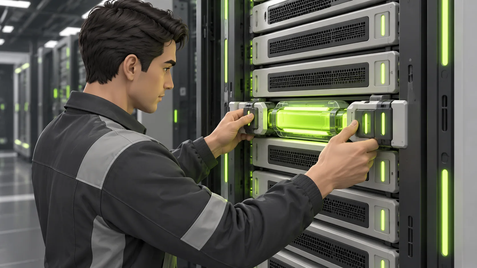 A cloud engineer attaches a glowing compliance seal to a datacenter server rack.
