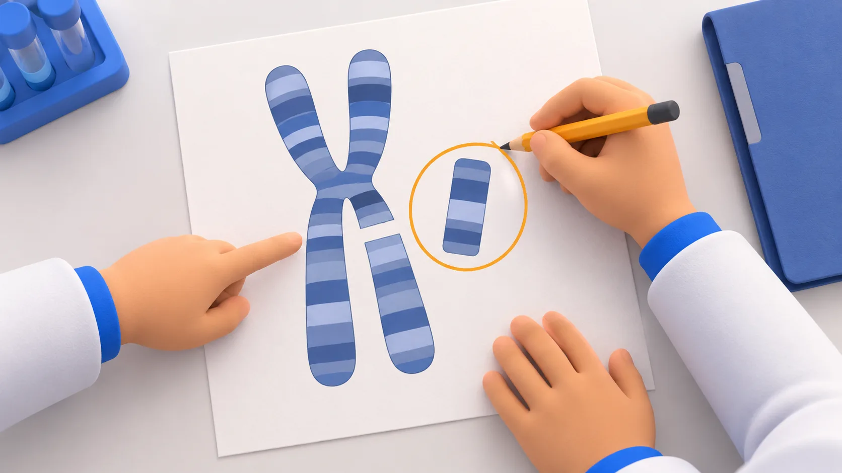 A researcher marks a newly identified chromosomal rearrangement on a printed genome analysis while a colleague points to the affected segment.