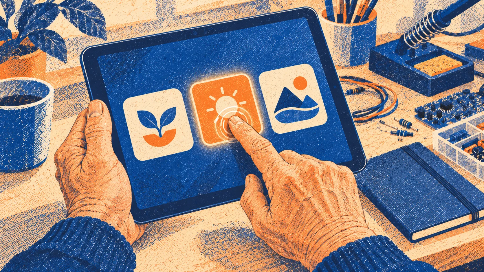 A developer selects a personal app from a private library on a tablet at a workbench.