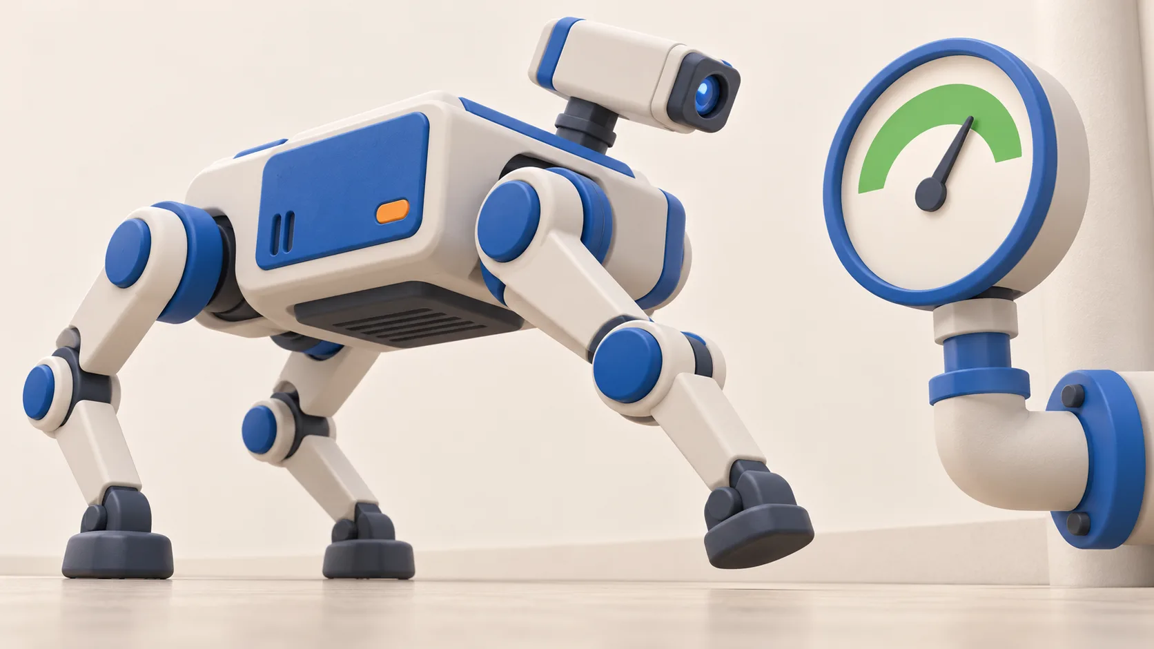 A four-legged inspection robot checks a pipe-mounted gauge while lifting a foot to continue along a factory floor.
