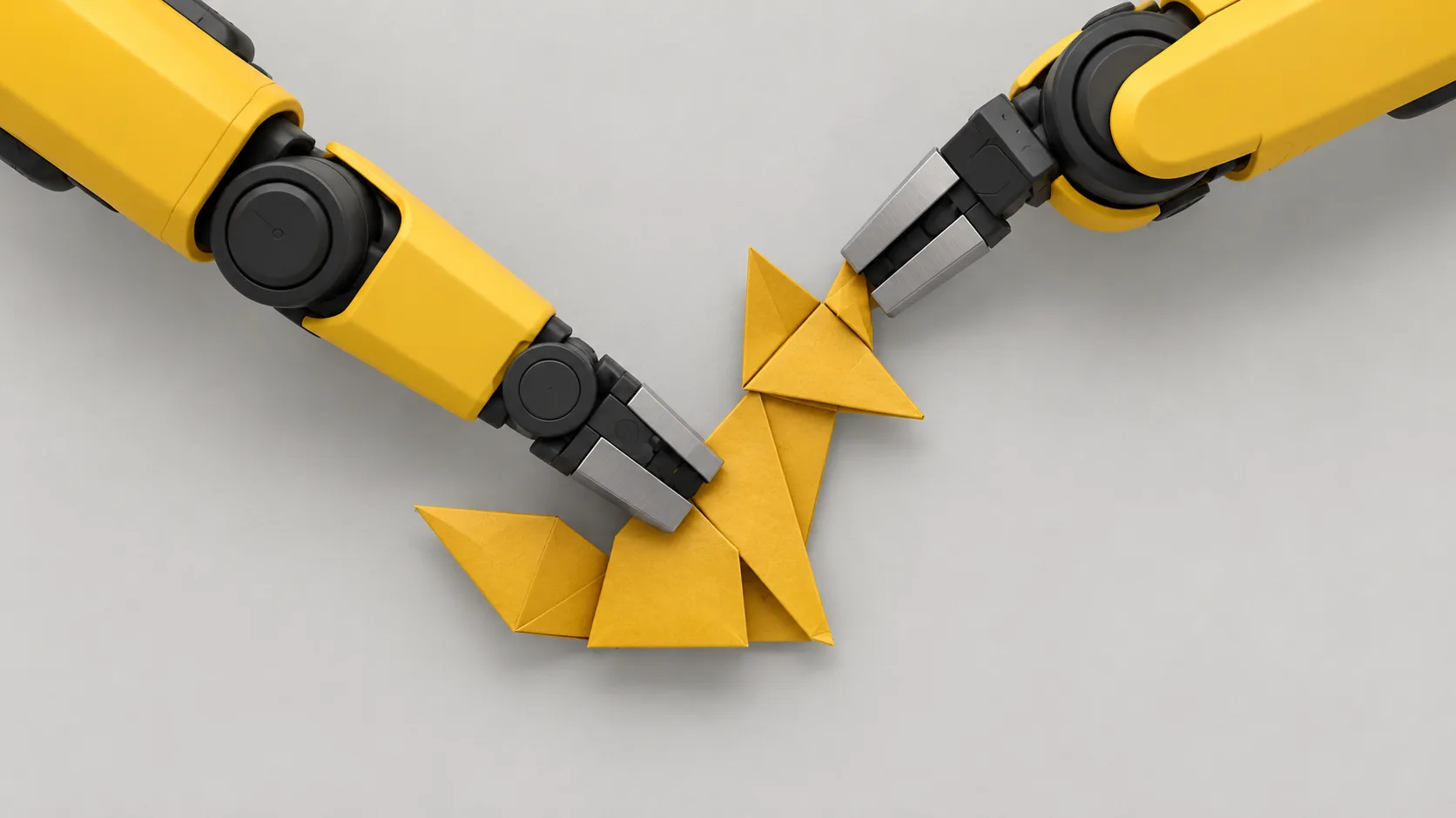 Two robotic grippers fold a paper fox, one holding its body steady while the other presses a pointed ear into place.