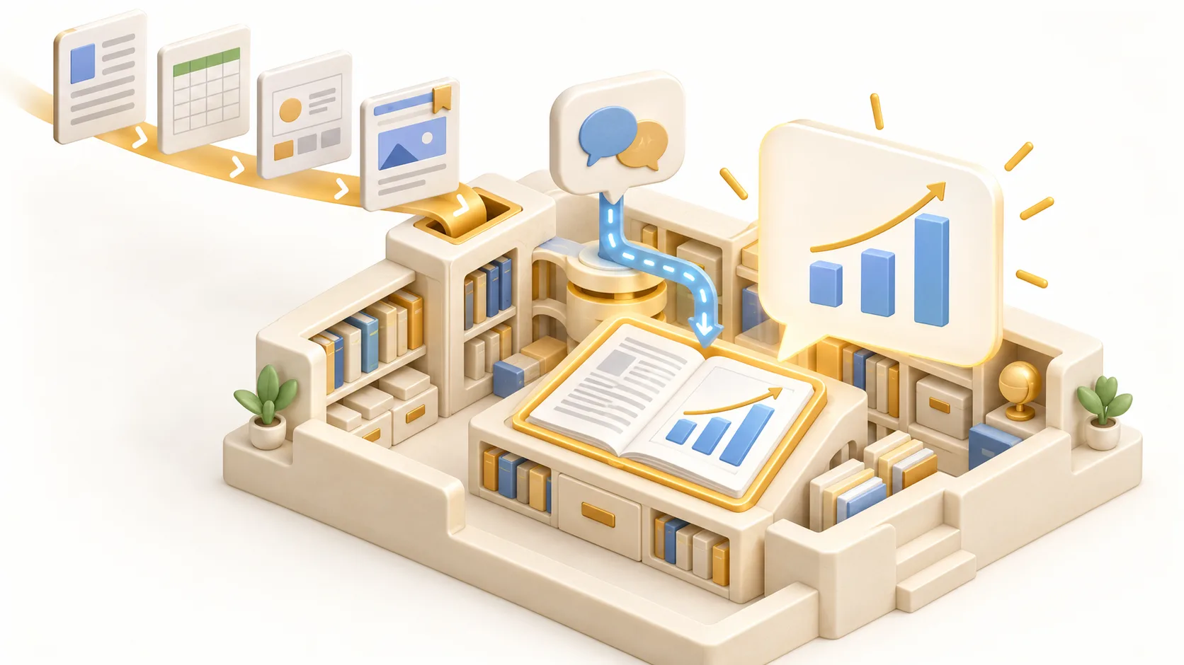 A knowledge base imports several document types and retrieves a matching chart to answer a question during a meeting.