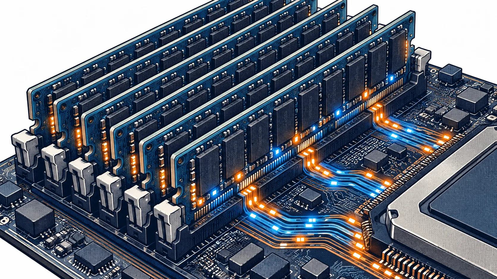 A bank of host-memory modules remains active beside an accelerator, holding cached context for ongoing inference.