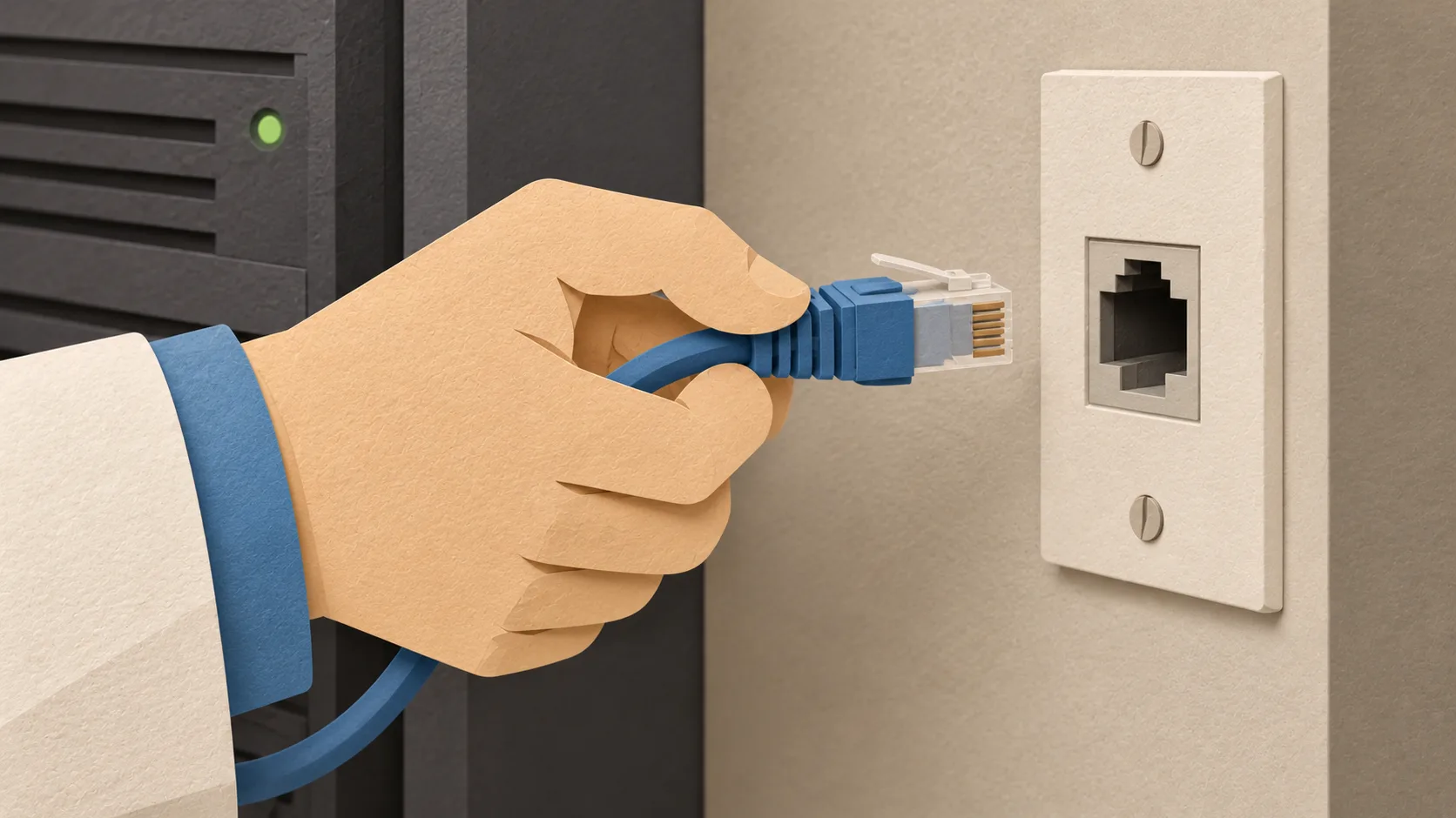 A researcher disconnects a network cable to run an AI physics benchmark without internet access.
