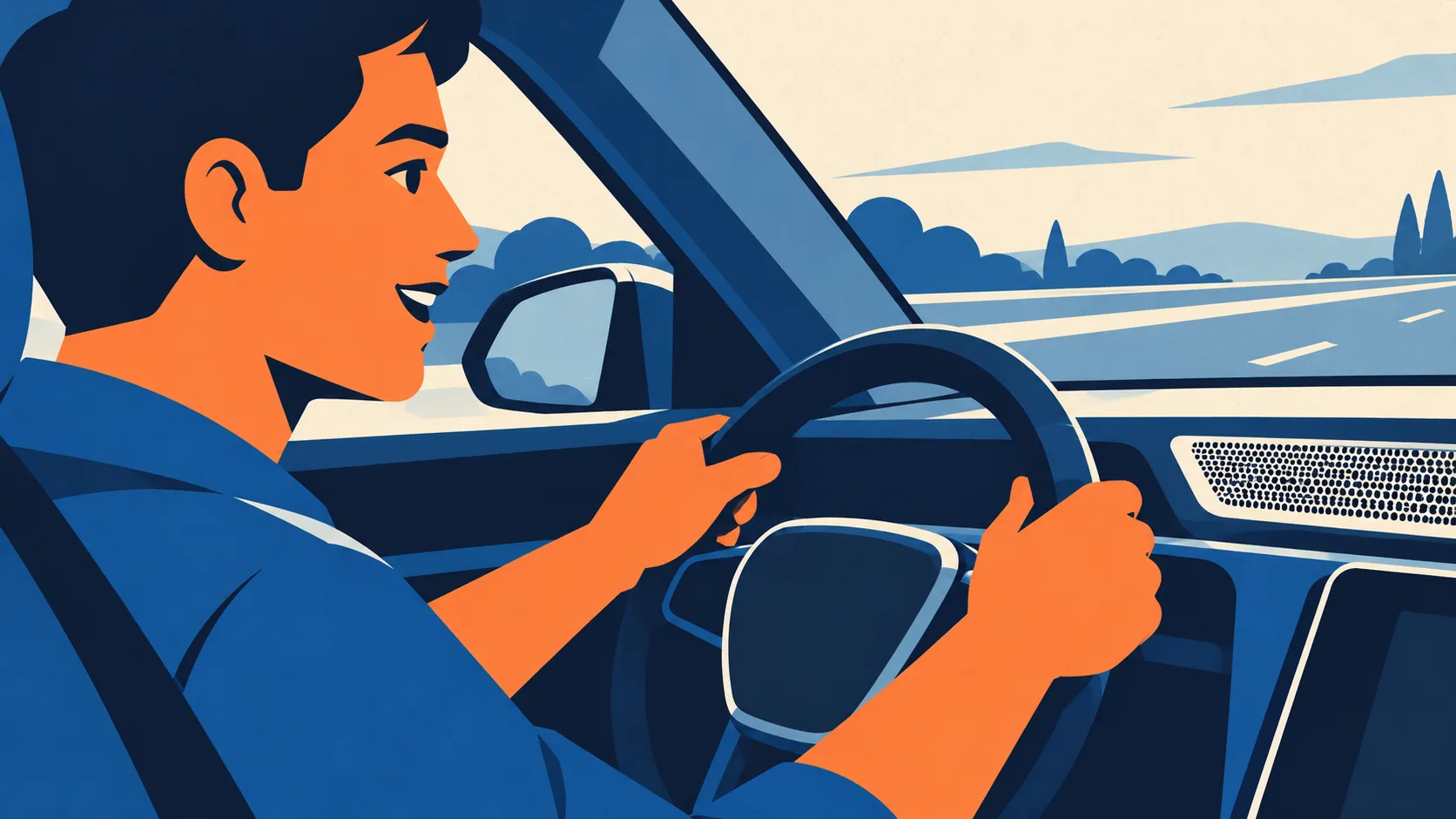 A driver speaks to a car’s voice assistant while keeping both hands on the steering wheel and eyes on the road.