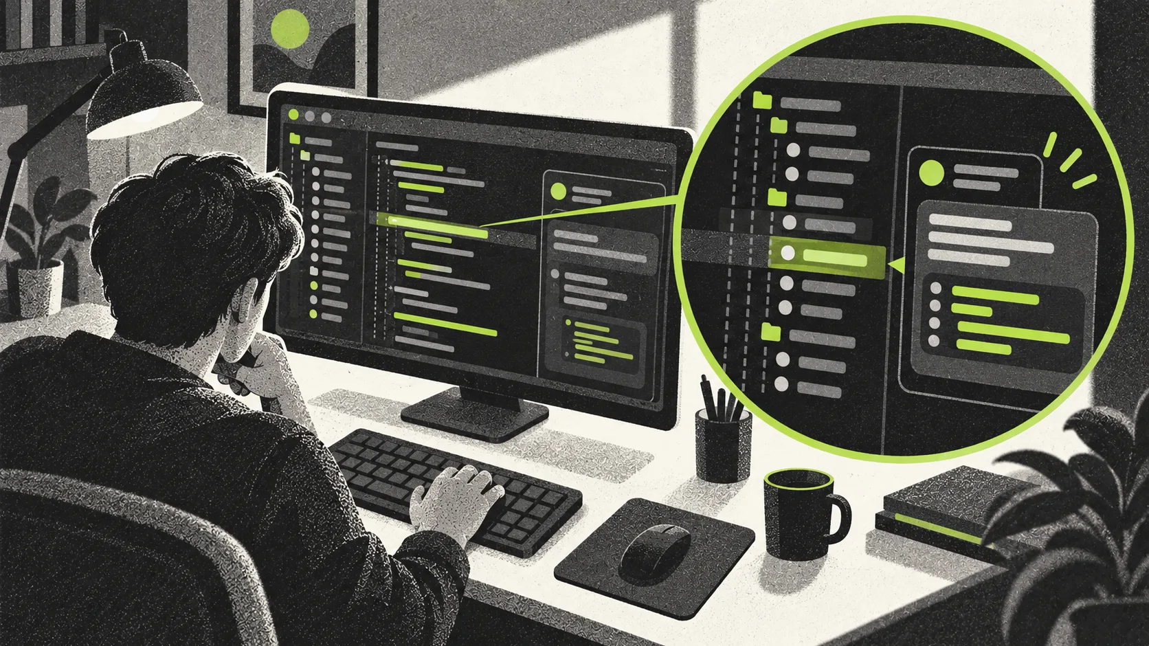 A developer edits a project during an interview while an integrated assistant presents a follow-up question tied to the current changes.