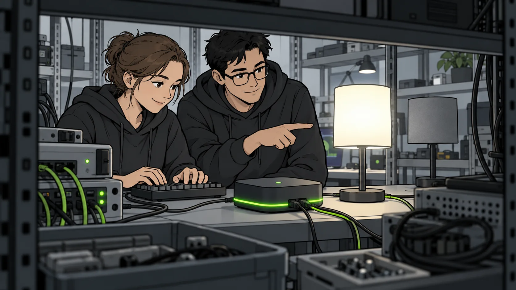 Two security researchers demonstrate control of a compromised smart lighting hub as connected lamps respond to their commands.