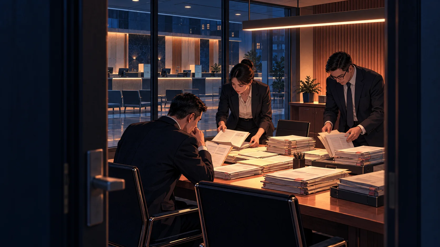 Financial inspectors examine customer account files with a bank employee during an emergency inspection following a data breach.