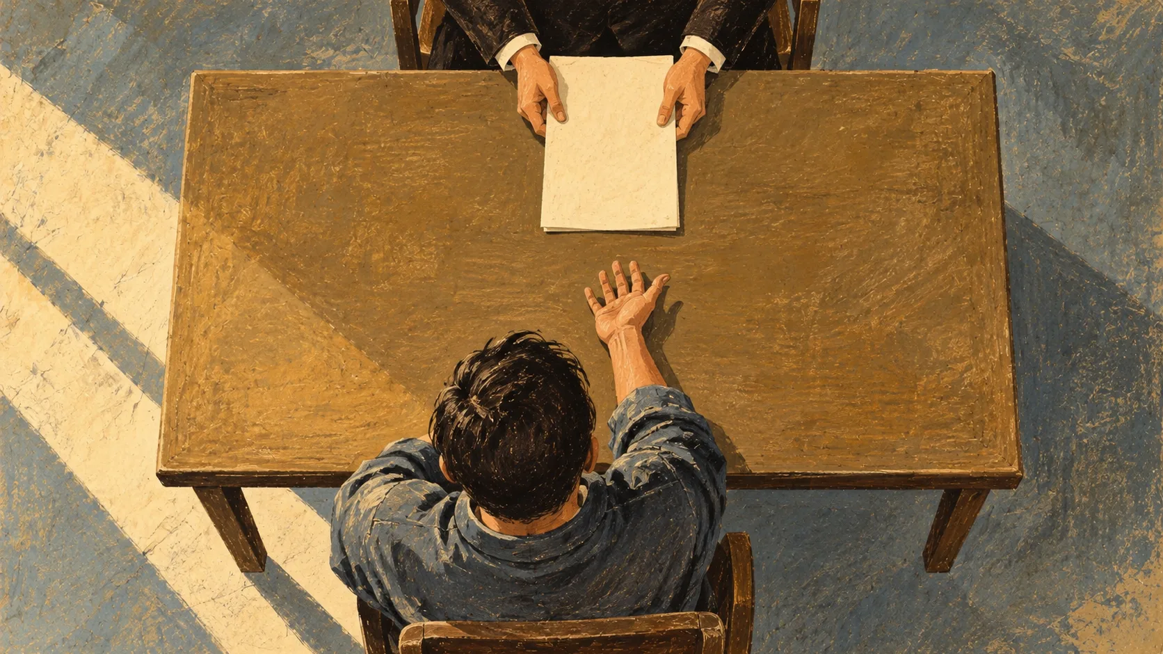 An asylum applicant extends an empty hand toward an interview summary that a staff member keeps on the opposite side of the table.