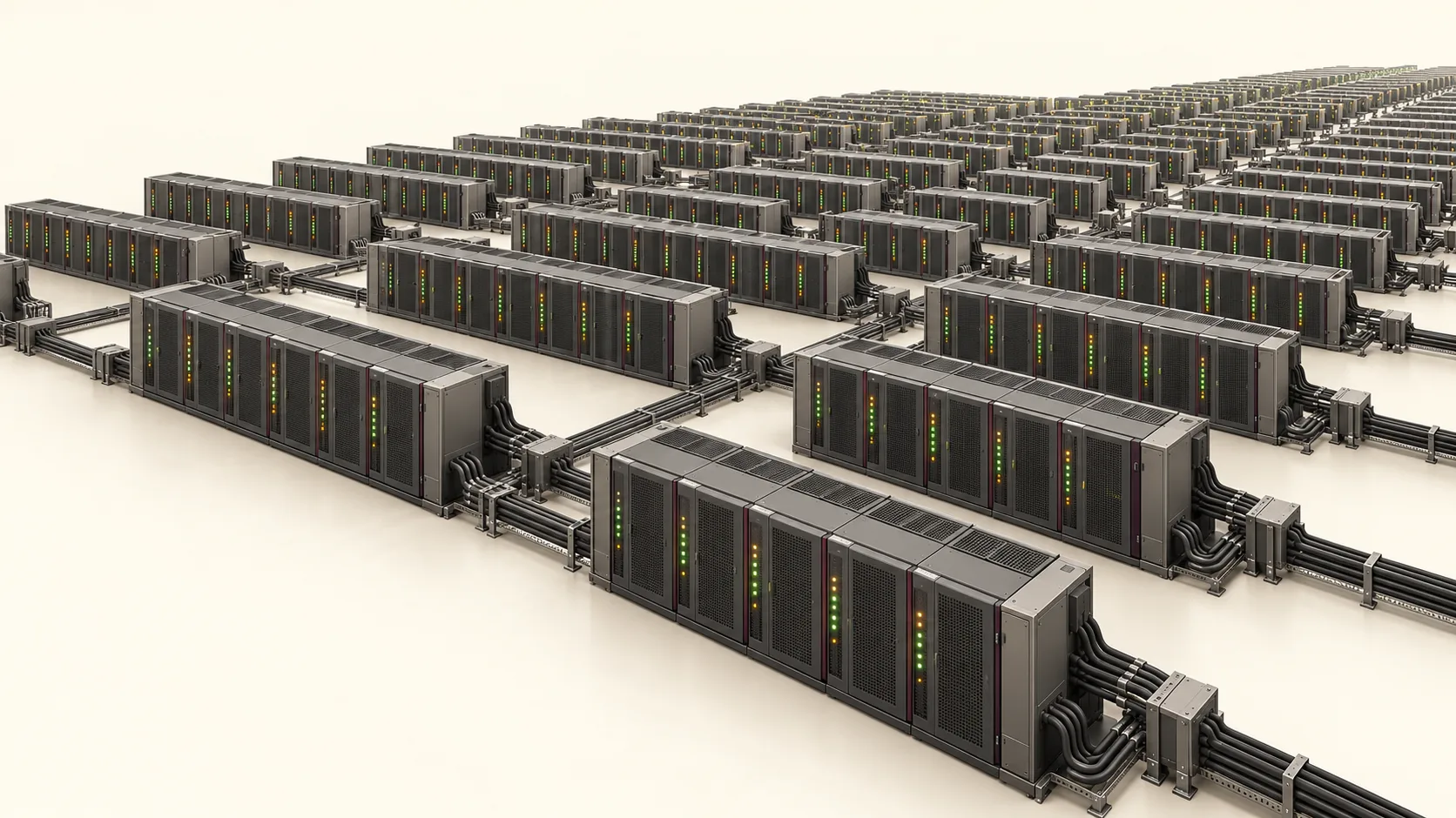 An enormous interconnected array of computing cabinets comes online, showing how large clusters combine processing capacity.