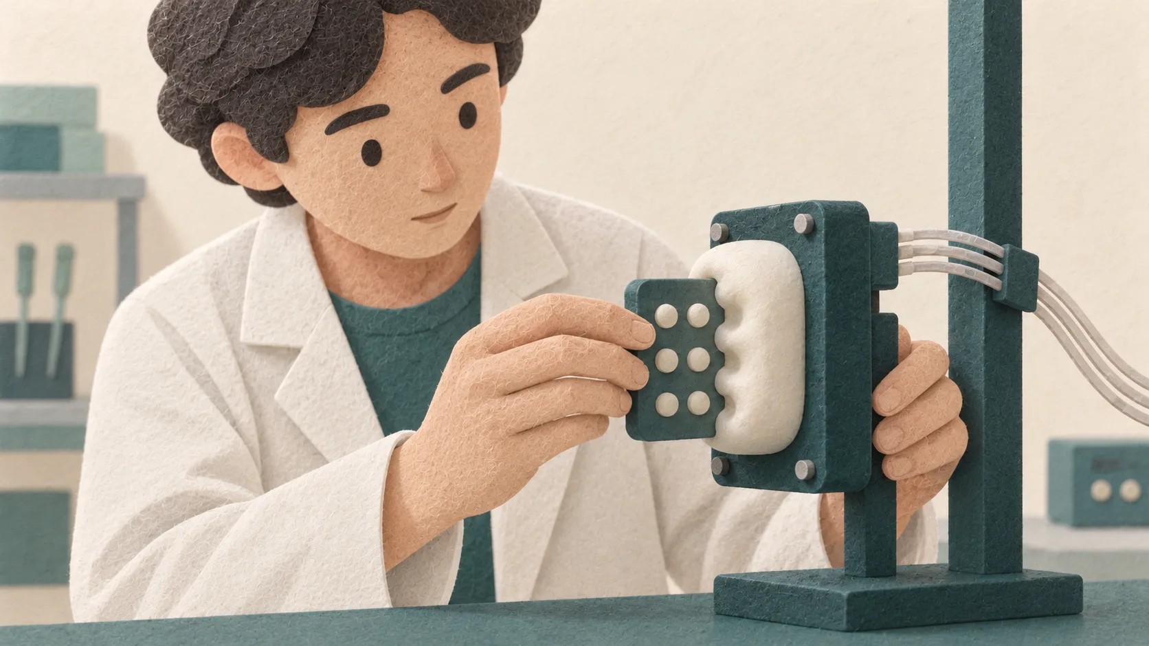 A researcher presses a raised-dot sample against a robotic touch sensor, visibly indenting its soft surface.