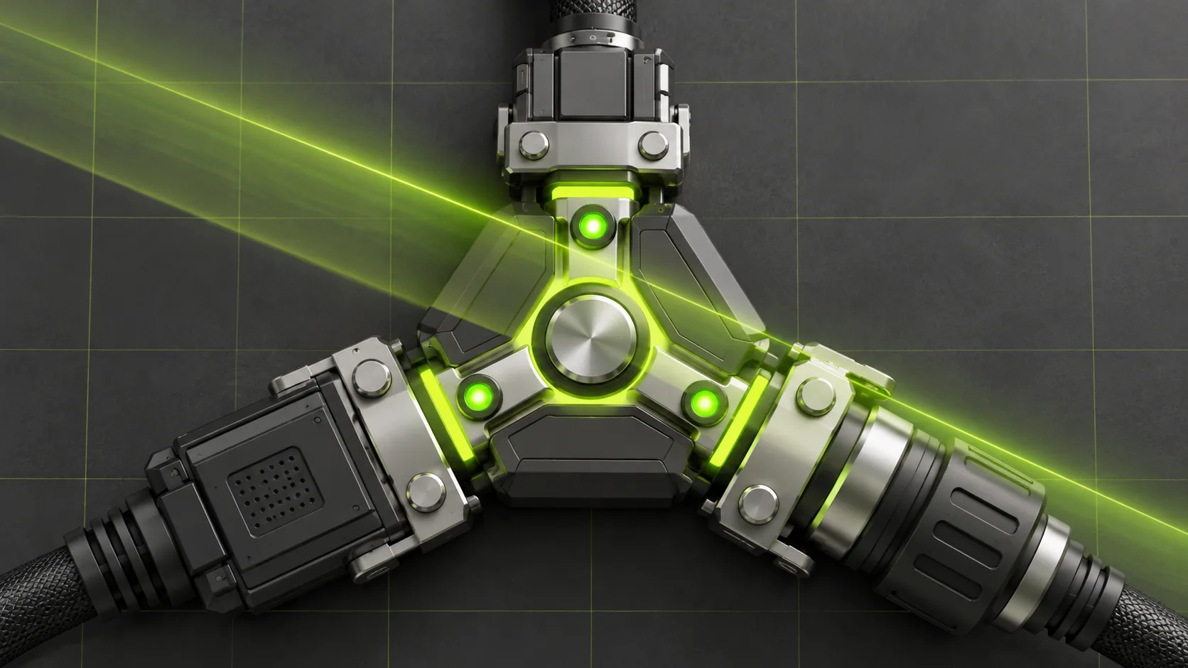 Three modular platform connectors lock into a central audit hub on a plain grid surface.