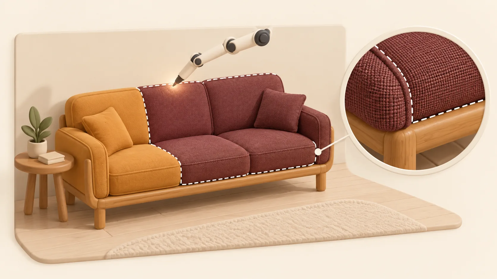 An interior design image shows a targeted sofa upholstery edit, with a detail inset revealing preserved stitching, legs and surrounding furnishings.